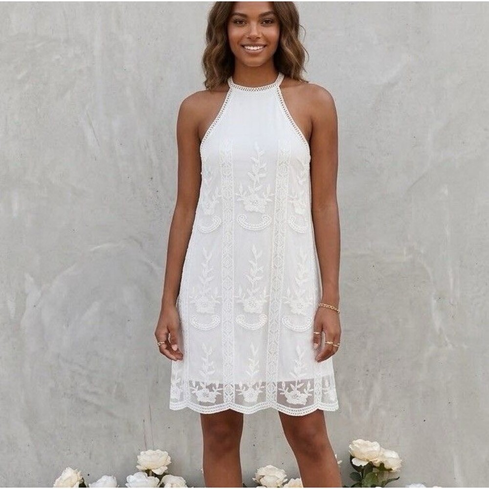 Jun & Ivy White Floral Embroidered Lace Halter Mini Dress Bridal Bachelorette S